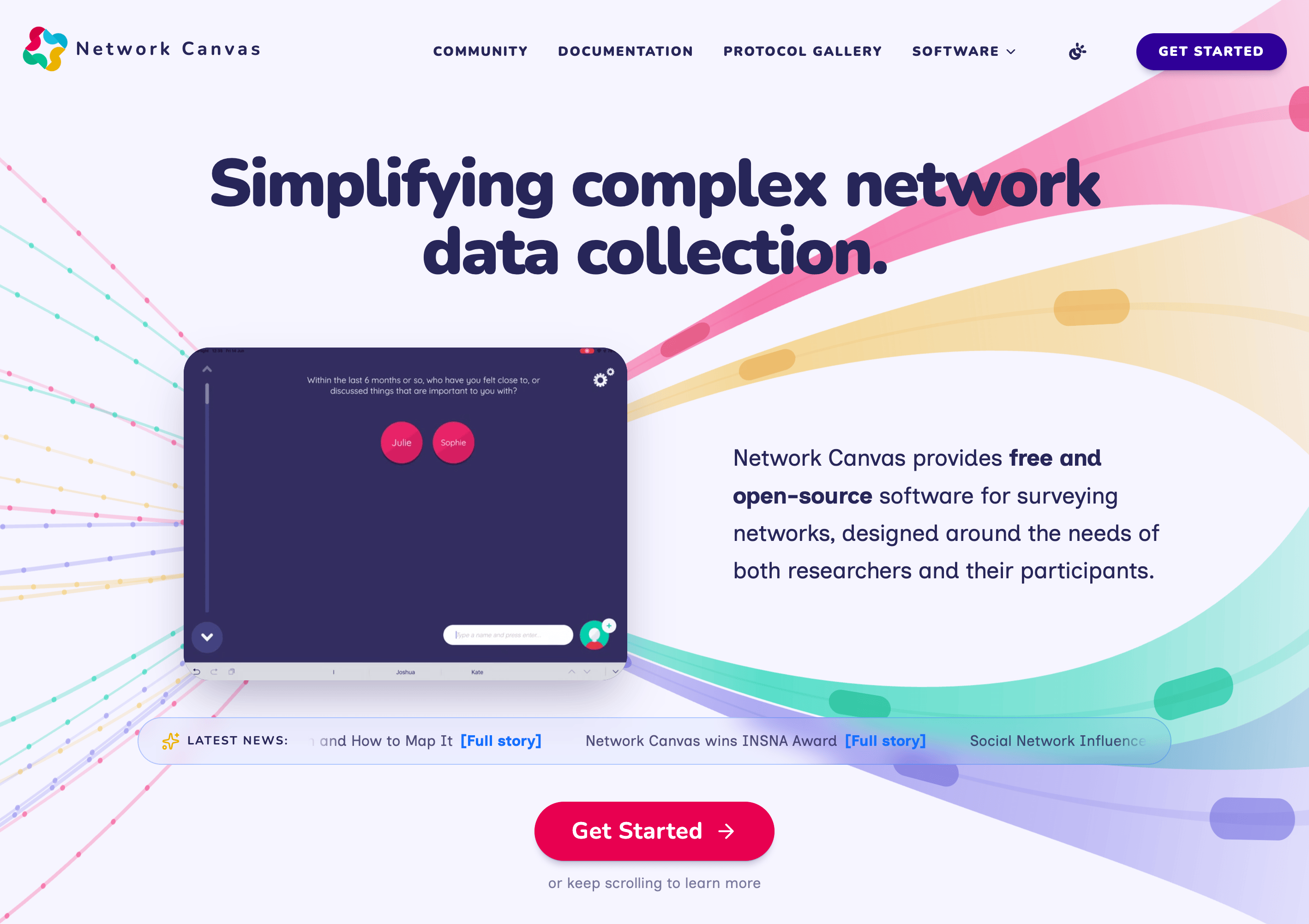 The redesigned Network Canvas website homepage